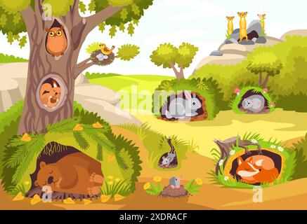 Waldbewohner in ihren Löchern und Höhlen. Zeichentricktiere schlafen, essen und sitzen in Höhlen. Lustige Tierbewohner gemütliche Häuser. Holzsäugetiere. Wilde Natur Stock Vektor