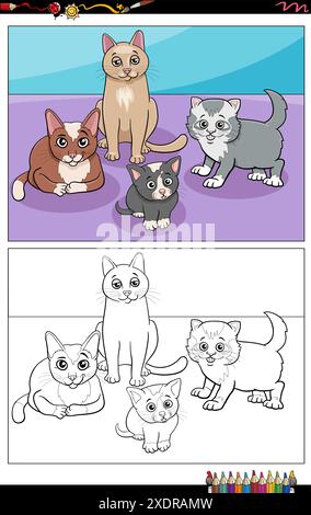 Zeichentrickillustration von Katzen und Kätzchen Tierfiguren Gruppe Ausmalseite Stock Vektor
