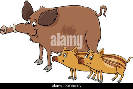 Zeichentrickillustration einer lustigen Wildschweinkomic-Tierfigur mit Wildschweinferkeln Stock Vektor