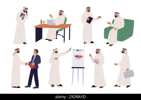 Arabischer Mann. Geschäftsmann in verschiedenen Posen. Saudischer Typ in traditionellem muslimischem Gewand. Partnertreffen. Büroangestellte in Dubai. Projektpräsentation Stock Vektor