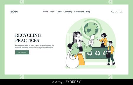 Umweltfreundliches Lifestyle-Konzept. Die Abbildung zeigt Einzelpersonen, die sich mit Recycling beschäftigen und dabei Umweltbewusstsein und Nachhaltigkeit fördern. Webseitendesign. Vektorabbildung. Stock Vektor