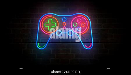 Gaming-Neonsymbol. Gamepad Video Retro-Konsolenbeleuchtung mit Farblampen. Abstraktes Konzept 3D-Illustration. Stockfoto