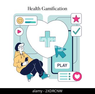 Gesundheitsgamification-Konzept. Abbildung einer Person, die eine mobile App für Wellness mit Spielelementen verwendet. Belohnungen, Fortschritt und Engagement im Gesundheitswesen. Vektorabbildung. Stock Vektor