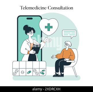 Boomer Health Konzept. Ein älterer Erwachsener führt über eine Smartphone-App eine telemedizinische Konsultation mit einem Arzt durch. Moderne Zugänglichkeit im Gesundheitswesen. Vektorabbildung. Stock Vektor