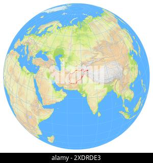 Ansicht der Erde aus dem Weltraum, die den Standort des Landes Afghanistan in Asien zeigt. Das Land wird durch ein rotes Polygon hervorgehoben. Kleine Länder A Stockfoto