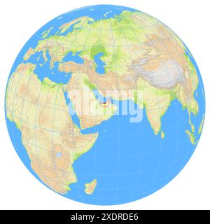 Ansicht der Erde aus dem Weltraum, die die Lage des Landes Vereinigte Arabische Emirate in Asien zeigt. Das Land wird durch ein rotes Polygon hervorgehoben. Kleine Co Stockfoto