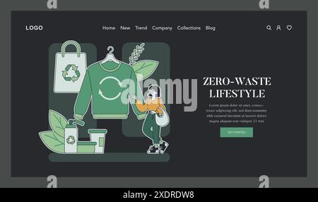 Umweltfreundliches Lifestyle-Konzept. Abbildung: Wiederverwendbare Produkte mit einer glücklichen Person, die an der Abfallvermeidung teilnimmt. Nachhaltiges Wohnen und Umweltschutz. Vektorabbildung. Stock Vektor