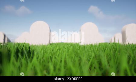 Leere Grabsteine Gras Grabstein grünes Gras blauer Himmel 3D-Rendering Stockfoto