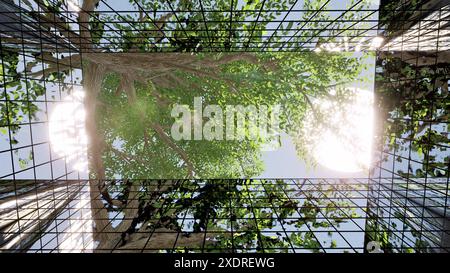 Umweltfreundliche grüne Waldfenster Wandgebäude nachhaltiges Glas Bürogebäude 3D-Putz Stockfoto