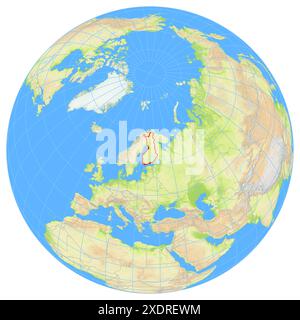 Ansicht der Erde aus dem Weltraum, die die Lage des Landes Finnland in Europa zeigt. Das Land wird durch ein rotes Polygon hervorgehoben. Kleine Länder sind das Stockfoto