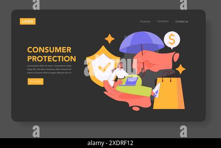 Verbraucherschutzkonzept. Abbildung zum Schutz von Käufern mit Schildern, Schirmen und sicheren Transaktionen. Gewährleistung von Kundenrechten und Online-Sicherheit. Vektorabbildung. Stock Vektor
