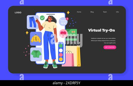 Virtuelles Anprobieren. Interaktive Modetechnologie-Schnittstelle mit einer Frau, die Kleidung auf einem digitalen Bildschirm auswählt. Nahtloses Online-Shopping-Erlebnis. Vektorabbildung. Stock Vektor