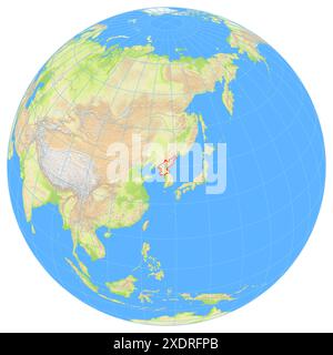 Ansicht der Erde aus dem Weltraum, die den Standort des Landes Nordkorea in Asien zeigt. Das Land wird durch ein rotes Polygon hervorgehoben. Kleine Länder A Stockfoto