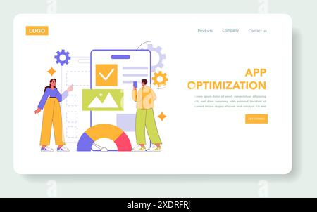 Konzept der Markenanwendung. Moderne Mitarbeiter interagieren mit einer mobilen Anwendungsoberfläche zur Optimierung vor dem Hintergrund von Zahnrädern und Analysen. Vektorabbildung. Stock Vektor