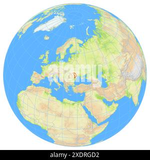 Ansicht der Erde aus dem Weltraum, die den Standort des Landes Moldau in Europa zeigt. Das Land wird durch ein rotes Polygon hervorgehoben. Kleine Länder sind das Stockfoto