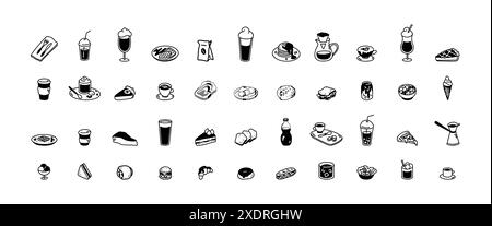 Niedliches Leinen-Doodle, großes Essensset. Minimalistische Ikonen für Restaurants, Cafés, Konditoreien, Bäckerei, Süßwaren, Coffeeshop-Menü. Heiße und kalte Getränke. Aesthet Stock Vektor