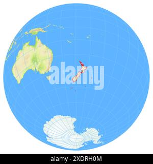 Ansicht der Erde aus dem Weltraum, die den Standort des Landes Neuseeland in Australien zeigt. Das Land wird durch ein rotes Polygon hervorgehoben. Kleine Anzahl Stockfoto