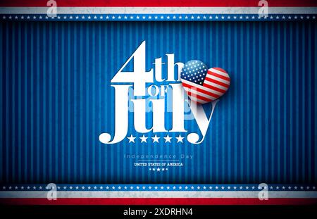 4. Juli Unabhängigkeitstag der USA Illustration mit amerikanischem Flaggenmuster Herz und Typografie Schriftzug auf Vintage Hintergrund. Vektor Viertes von Stock Vektor