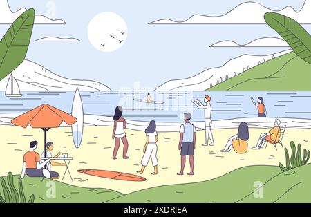 Strandszene mit Leuten, die Aktivitäten wie Surfen, Entspannen und Spazieren am Meer unter einer hellen Sonne genießen, umgeben von Hügeln und Grün Stock Vektor