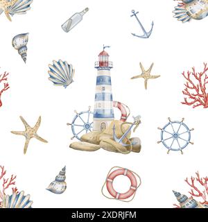 Aquarellmuster mit Leuchtturm, Muscheln und nautischen Elementen. Nahtloser Hintergrund mit Beacon in Pastellblau, Rot und Beige gegen Geschenkpapier oder Textildesign. Meeresblick für Babys. Stockfoto