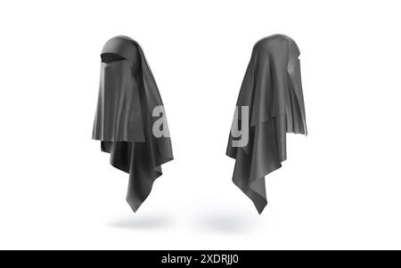 Leeres schwarzes Niqab-Modell, Rückseitenansicht, 3D-Rendering. Leeres Wickelkopftuch für Frauen aus dem Nahen Osten, isoliert. Klare Privatsphäre Khimar oder h Stockfoto