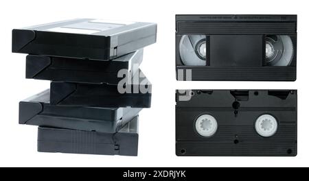 Set alter analoger Videokassetten im Retro-Stil, isoliert auf einem transparenten Hintergrund, Retro-Things-Konzept Stockfoto
