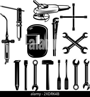 Silhouetten von Werkzeugen festlegen. Maulschlüssel, verstellbarer Schraubenschlüssel, Schraubenschlüssel, Hammer Stock Vektor
