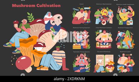 Pilzkultivierungsset. Verschiedene Facetten des Wachstums und der Verwendung von Pilzen, dargestellt durch verschiedene Charaktere. Städtische Landwirtschaft, Küche und Nahrungsergänzungsmittel. Vektorabbildung. Stock Vektor