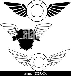 Flügel mit Bannern auf weißem Hintergrund. Heraldische Flügel. Element für Logo-, Label- und Emblemdesign. Vektorabbildung. Stock Vektor