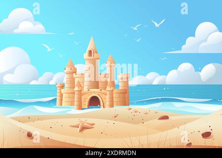 Sandburg am Strand mit Meereswellen Möwen und Wolken im Hintergrund Seesterne und Muscheln im Vordergrund Stock Vektor