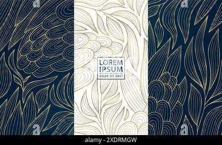 Vektor-Art-Deco-Blattmuster, goldene und blaue Vintage-Naturgrafik. Blumenanhänger, Laubtextur im Sommer, luxuriöses königliches Dekor, tropische Bio-Produkte Stock Vektor