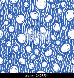 Weiche blaue Wasserblasen mit kreisförmigem Punktmuster. Beachy kreist sich wie ein organischer Wassertropfenhintergrund für Sommerdesign-Wiederholungsfliesen. Stockfoto