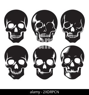 Silhouettenset des Schädelkopfes. Vektor-isolierte Abbildung Stock Vektor