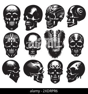 Silhouettenset des Schädelkopfes. Vektor-isolierte Abbildung Stock Vektor