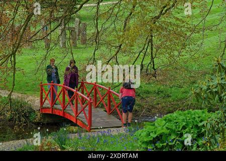 Ein Vater, der ein Foto von seiner Tochter und Frau in den Himalayan Gardens in Grewelthorpe, Ripon, Großbritannien, auf einer roten Holzbrücke über einen Bach macht. Stockfoto