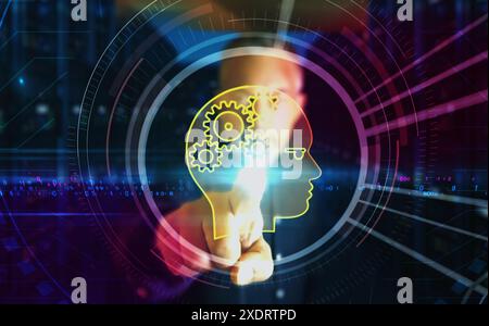 KI-Kopf künstliche Intelligenz Maschinelles Lernen Symbol digitales abstraktes 3D-Konzept. Finger-Touchscreen. Cybertechnologie und Netzwerkhintergrund. Mann Stockfoto