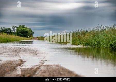 Selektiver Fokus auf den Schotter, der in Hochwasser mündet und die Straße in einem ländlichen Gebiet bedeckt Stockfoto