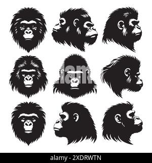 Silhouettenset aus Affen-Tierkopf. Vektor-isolierte Abbildung Stock Vektor