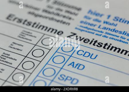 Nahaufnahme eines symbolischen Stimmzettels (Deutschland) Stockfoto