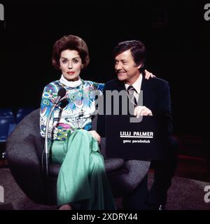 Lilli Palmer - ganz persönlich, Talkshow, ZDF, 1974, Gastgeber Guido Baumann im Gespräch mit Schauspielerin und Autorin Lilli Palmer Stockfoto