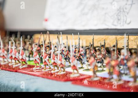 BROADCHALKE, WILTSHIRE, UK, 24. Juni 2024, Reihen winziger Modellspielzeugsoldaten beim Chalke History Festival, dem führenden Geschichtsfestival Großbritanniens. John Rose/Alamy Live News Stockfoto