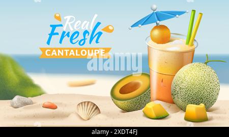 3D-Melone. Werbebanner für tropische Cocktails. Sommerstrand. Küste der Insel. Cantaloupe saftig geschnittene Stücke. Eis-Smoothie-Glas. Frisches Obst. Seesand. Getränkeangebot. Hintergrund für Vektorwerbung Stock Vektor