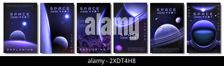 Platzhintergründe. Poster zur Erforschung der Galaxie. Planeten und Sterne des Universums. Astronauten-Raumanzug. Comic die Zukunft der Erde im Himmel mit bunten Verläufen. Kosmische Entdeckung Shuttle. Design-Set für Vektorbanner Stock Vektor