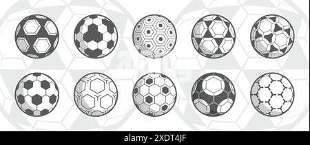 Ballsymbole. Einfaches Fußballteam. Fußball-Kick und Tor. Sportlicher Wettkampf. Kreis- und pentagon-Formen für Spiele der europäischen Liga. Sechseckige karierte Kugel. Vektor-Meisterschaftsspiel-Symbole gesetzt Stock Vektor