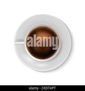Kaffeetasse Realistische Tasse auf Teller mit Espresso. Weißes Keramikutensil mit Blick von oben auf heißes Koffein. Geschirr für Americano oder Cappuccino. Getränkekarte im Café oder Restaurant. Vektor-isolierte Abbildung Stock Vektor