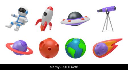 Symbole für 3D-Leerzeichen. Raketenplanet und Mond, fliegende Astronaut, Stern und Raumschiff in der Galaxie, Erdastronomie, Teleskop und Komet. Niedliche, isolierte Renderelemente Illustration des Vektorkosmos Stock Vektor