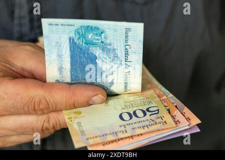 venezuela Geld, der Mensch zählt Banknoten. Bargeld in der Hand, finanzielles Geschäftskonzept, Zustand der Haushalte der Venezolaner Stockfoto