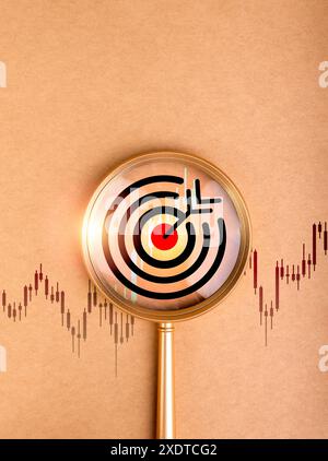Geschäftsziele investieren, recherchieren und analysieren für Wirtschaftsmarkt, Börsenhandelsstrategie, Ziel- und Erfolgskonzepte. Zielsymbol in Lupe Stockfoto