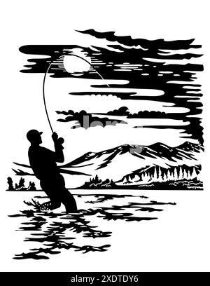 Schweizer Scherenschnitte oder Scherenschnitt Illustration der Silhouette eines Anglers Fliegenfischerei im Madison River im Yellowstone Nationalpark Stock Vektor