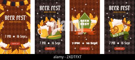 Vorlage zur Sammlung vertikaler Social-Media-Geschichten für Bierfestivals. Design mit Glas Bier, Weizen und Blättern, Bannerband und anderen festlichen Objekten Stock Vektor